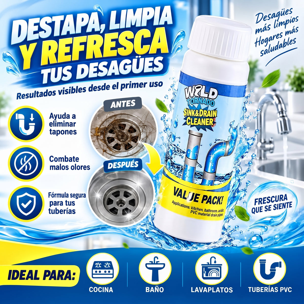 Pack 3x1 Pro | Destapa y Elimina Olores de Tus Cañerías en Minutos Sin Esfuerzo