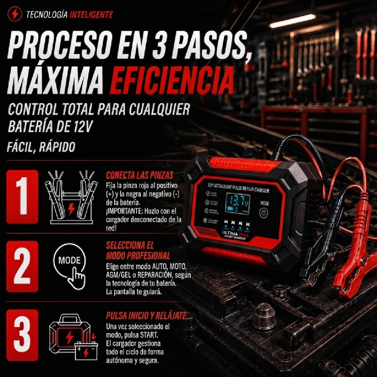 ElectroPulse™ Cargador Inteligente y Restaurador de Baterías
